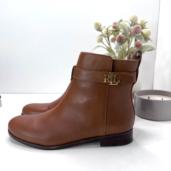 Lauren Ralph Lauren Briele Burnished Leather Booties Deep Saddle Women's US 8.5B - Picture 1 of 10